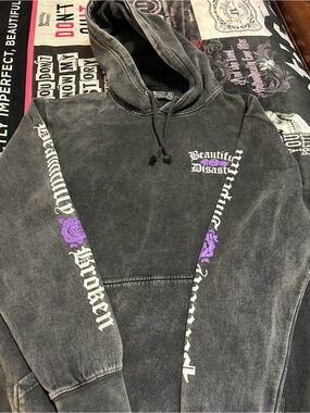 Beautiful Disaster Women's Black Washed Hoodie with Purple Rose Accents